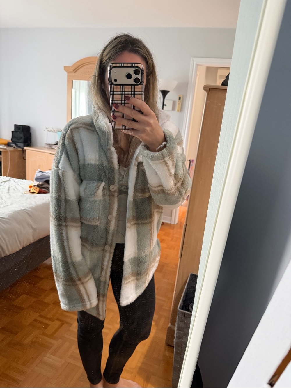 Urban Planet Plaid Teddy Jacket in Sage, Cream and Tan